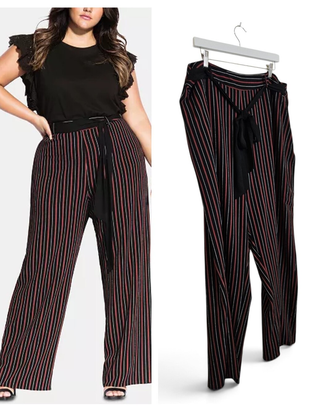 City Chic Palazzo Pants XXL 24 Paprica Striped High Rise Wide Leg Tie Belt Black